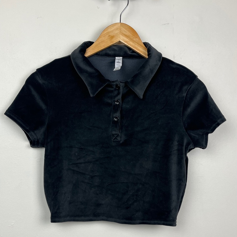 Alo Yoga Velour Cropped Polo Shirt S Black Y2K Workout Luxe Crop Velvet Cozy